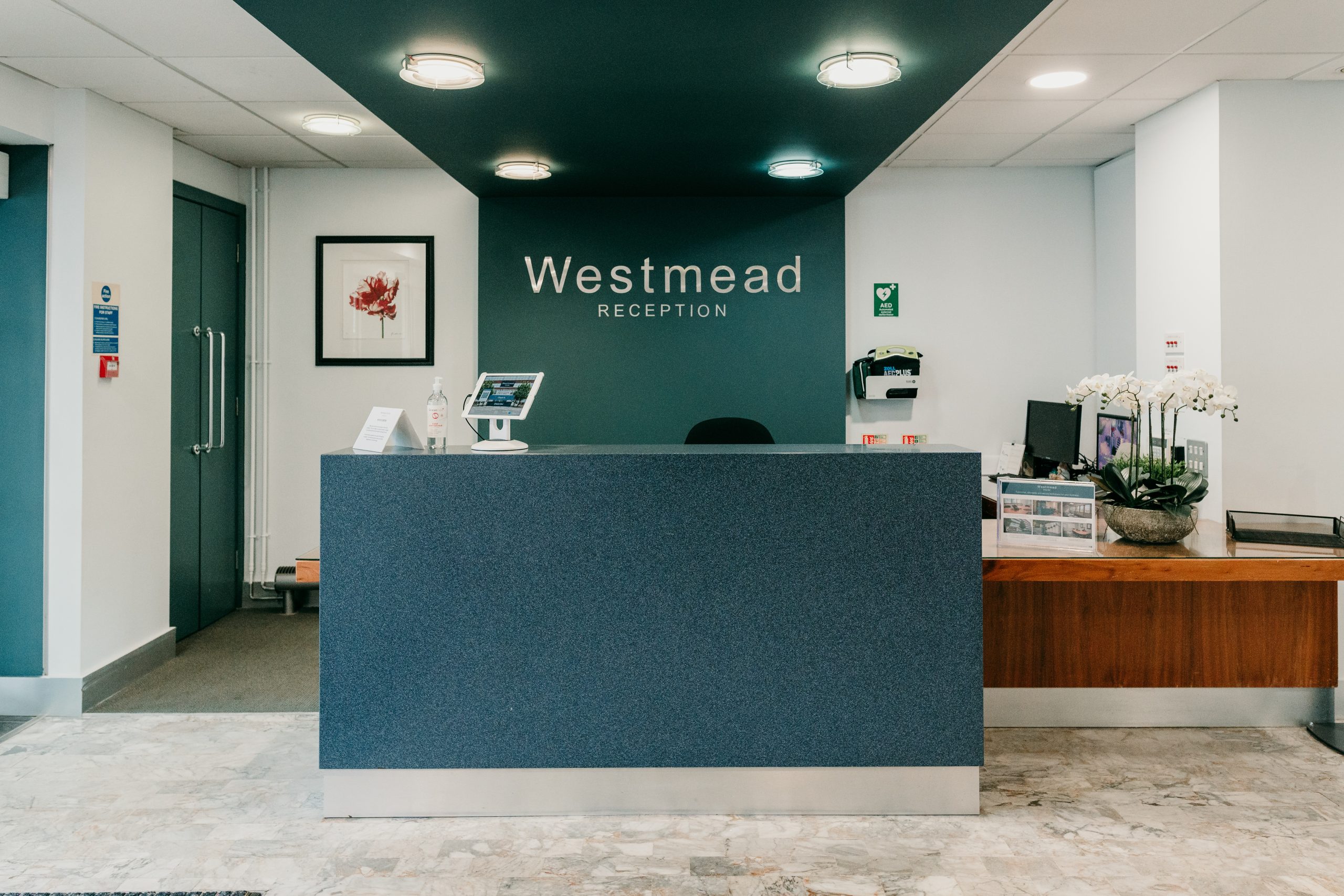 Bright and welcoming reception area at Westmead House in Farnborough